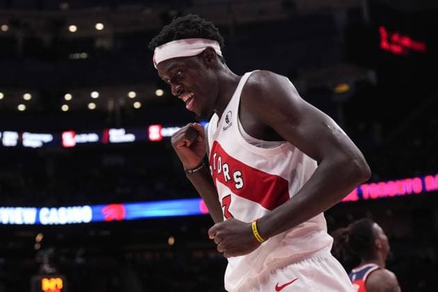 October 20, 2023, Toronto, ON, CAN: Toronto Raptors Pascal Siakam celebrates scoring against the Washington Wizards during second half preseason NBA, Basketball Herren, USA basketball action in Toronto on Friday, October 20, 2023. Pascal Siakam  - ZUMAc35_ 20231020_zaf_c35_074 Copyright: xChrisxYoungx
