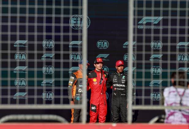 4 Lando Norris (GBR, McLaren F1 Team), 16 Charles Leclerc (MCO, Scuderia Ferrari), 44 Lewis Hamilton (GBR, Mercedes-AMG Petronas F1 Team), F1 Grand Prix of USA at Circuit of The Americas on October 20, 2023 in Austin, United States of America. (Photo by HOCH ZWEI) Austin United States of America