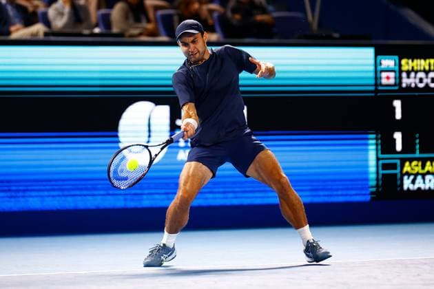 October 21, 2023, Tokyo, Japan: Aslan KARATSEV (RUS) hits a return against Shintaro MOCHIZUKI (JPN) during their singles semi-final match of the Kinoshita Group Japan Open Tennis Championships 2023 at the Ariake Coliseum. This is the longest-running ATP, Tennis Herren Tour tournament in Asia, first held in 1972. The tournament runs from October 16 to 22. Tokyo Japan - ZUMAm191 20231021_aap_m191_033 Copyright: xRodrigoxReyesxMarinx
