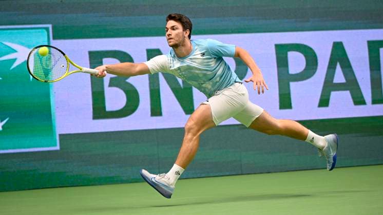 Miomir Kecmanovic of Serbia in action during his semifinal against Russian Pavel Kotov during the ATP, Tennis Herren Nordic Open tennis tournament in the Royal Tennis Hall in Stockholm, Sweden, on Oct. 21, 2023. STOCKHOLM SWEDEN TENNIS x10040x