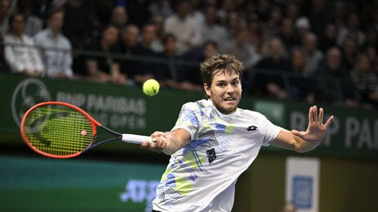 Russian Pavel Kotov in action during his semifinal against Miomir Kecmanovic of Serbia during the ATP, Tennis Herren Nordic Open tennis tournament in the Royal Tennis Hall in Stockholm, Sweden, on Oct. 21, 2023. STOCKHOLM SWEDEN TENNIS x10040x