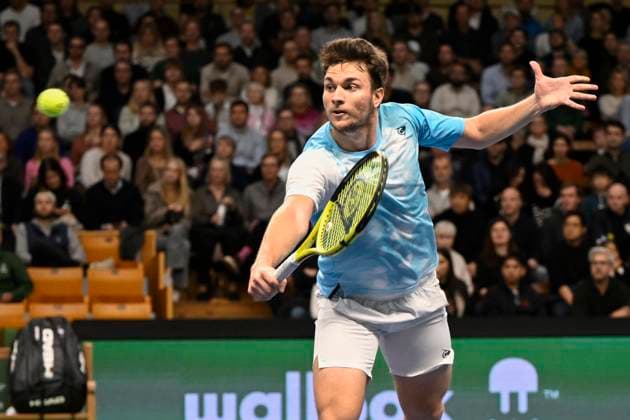 Miomir Kecmanovic of Serbia in action during his semifinal against Russian Pavel Kotov during the ATP, Tennis Herren Nordic Open tennis tournament in the Royal Tennis Hall in Stockholm, Sweden, on Oct. 21, 2023. STOCKHOLM SWEDEN TENNIS x10040x