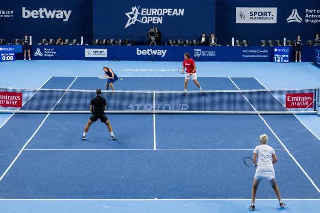 Sabine Appelmans, European Open tournament director Dick Norman, Belgian assistant coach Ruben Bemelmans and Els Callens pictured in action during the European Open Tennis ATP, Tennis Herren tournament, in Antwerp, Saturday 21 October 2023. JASPERxJACOBS  x78175954x