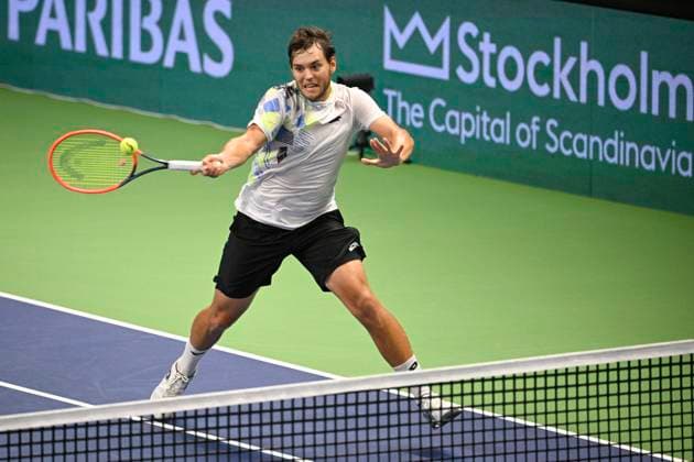Russian Pavel Kotov in action during his semifinal against Miomir Kecmanovic of Serbia during the ATP, Tennis Herren Nordic Open tennis tournament in the Royal Tennis Hall in Stockholm, Sweden, on Oct. 21, 2023. STOCKHOLM SWEDEN TENNIS x10040x