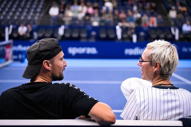 Belgian assistant coach Ruben Bemelmans and Former player Els Callens pictured during the European Open Tennis ATP, Tennis Herren tournament, in Antwerp, Saturday 21 October 2023. LAURIExDIEFFEMBACQ  x78178733x