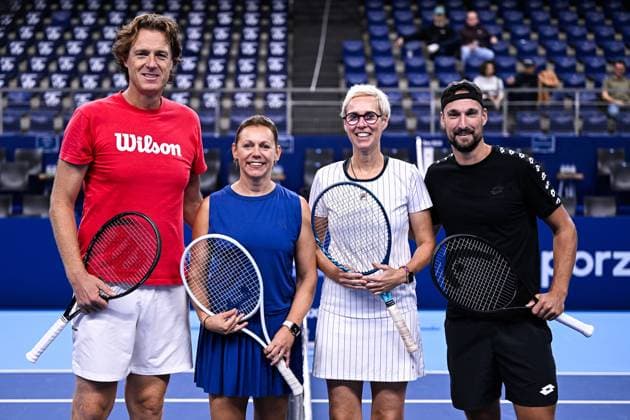 European Open tournament director Dick Norman, Former Belgian player Sabine Appelmans, Former player Els Callens and Belgian assistant coach Ruben Bemelmans pictured during the European Open Tennis ATP, Tennis Herren tournament, in Antwerp, Saturday 21 October 2023. LAURIExDIEFFEMBACQ  x78178836x