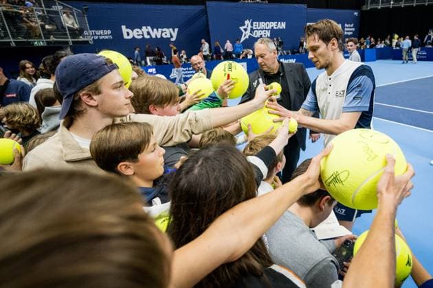 Kazach Alexander Bublik celebrates winning his match a singles semi final match at the European Open Tennis ATP, Tennis Herren tournament, in Antwerp, Saturday 21 October 2023. JASPERxJACOBS  x78188820x