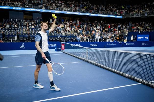 Kazach Alexander Bublik celebrates winning his match a singles semi final match at the European Open Tennis ATP, Tennis Herren tournament, in Antwerp, Saturday 21 October 2023. JASPERxJACOBS  x78188825x