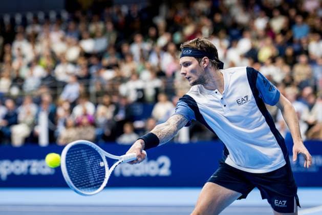 Kazach Alexander Bublik pictured in action during a singles semi final match at the European Open Tennis ATP, Tennis Herren tournament, in Antwerp, Saturday 21 October 2023. JASPERxJACOBS  x78188922x