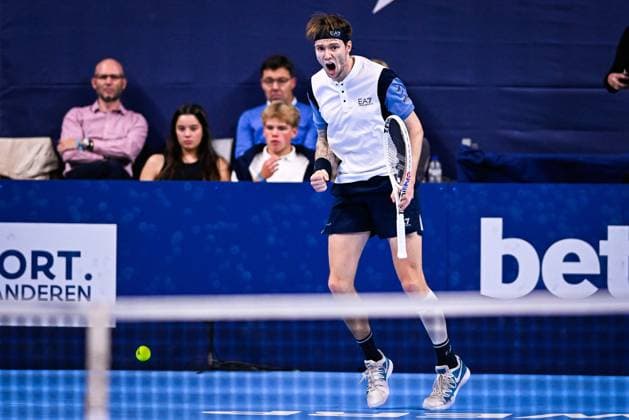 Kazach Alexander Bublik celebrates during a quarter final single match at the European Open Tennis ATP, Tennis Herren tournament, in Antwerp, Friday 20 October 2023. LAURIExDIEFFEMBACQ  x78189729x