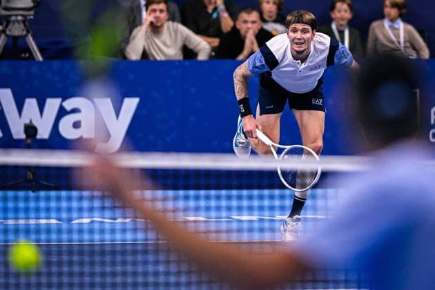 Kazach Alexander Bublik pictured in action during a singles semi final match at the European Open Tennis ATP, Tennis Herren tournament, in Antwerp, Saturday 21 October 2023. LAURIExDIEFFEMBACQ  x78191407x