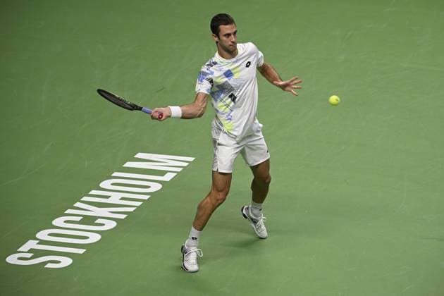 Laslo Djere of Serbia in action during the semifinal against Gael Monfils of France during the ATP, Tennis Herren Nordic Open tennis tournament in the Royal Tennis Hall in Stockholm, Sweden, on Oct. 21, 2023. STOCKHOLM SWEDEN TENNIS x10040x