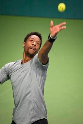 Gael Monfils of France in action during the semifinal against Laslo Djere of Serbia during the ATP, Tennis Herren Nordic Open tennis tournament in the Royal Tennis Hall in Stockholm, Sweden, on Oct. 21, 2023. STOCKHOLM SWEDEN TENNIS x10040x
