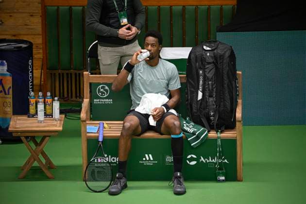 Gael Monfils of France takes a break during the semifinal against Laslo Djere of Serbia during the ATP, Tennis Herren Nordic Open tennis tournament in the Royal Tennis Hall in Stockholm, Sweden, on Oct. 21, 2023. STOCKHOLM SWEDEN TENNIS x10040x