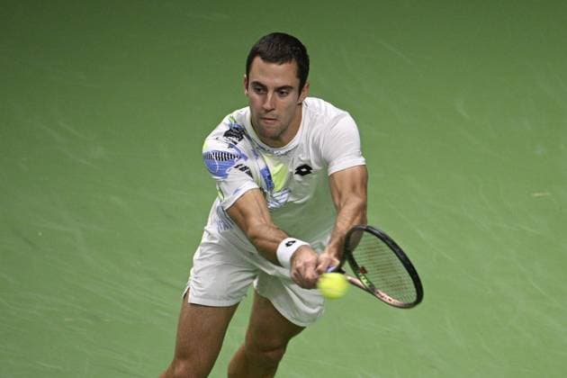 Laslo Djere of Serbia in action during the semifinal against Gael Monfils of France during the ATP, Tennis Herren Nordic Open tennis tournament in the Royal Tennis Hall in Stockholm, Sweden, on Oct. 21, 2023. STOCKHOLM SWEDEN TENNIS x10040x
