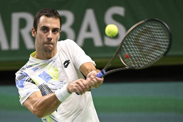 Laslo Djere of Serbia in action during the semifinal against Gael Monfils of France during the ATP, Tennis Herren Nordic Open tennis tournament in the Royal Tennis Hall in Stockholm, Sweden, on Oct. 21, 2023. STOCKHOLM SWEDEN TENNIS x10040x