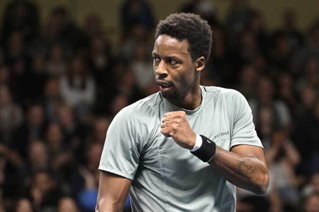 Gael Monfils of France gestures during the semifinal against Laslo Djere of Serbia during the ATP, Tennis Herren Nordic Open tennis tournament in the Royal Tennis Hall in Stockholm, Sweden, on Oct. 21, 2023. STOCKHOLM SWEDEN TENNIS x10040x