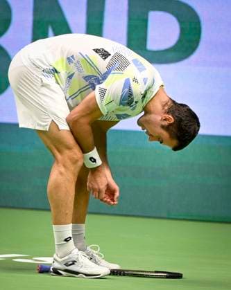 Laslo Djere of Serbia reacts during the semifinal against Gael Monfils of France during the ATP, Tennis Herren Nordic Open tennis tournament in the Royal Tennis Hall in Stockholm, Sweden, on Oct. 21, 2023. STOCKHOLM SWEDEN TENNIS x10040x