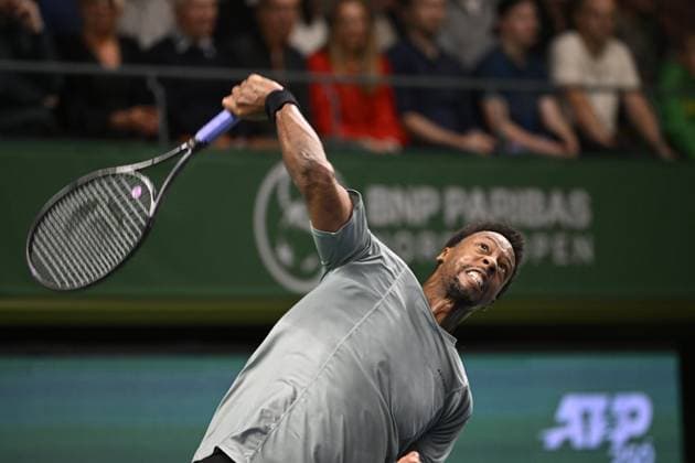Gael Monfils of France in action during the semifinal against Laslo Djere of Serbia during the ATP, Tennis Herren Nordic Open tennis tournament in the Royal Tennis Hall in Stockholm, Sweden, on Oct. 21, 2023. STOCKHOLM SWEDEN TENNIS x10040x