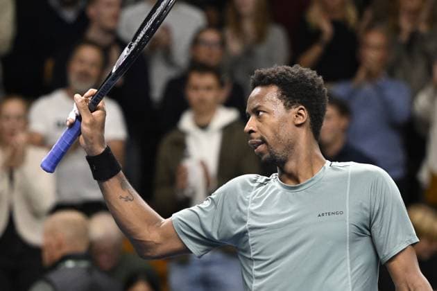 Gael Monfils of France gestures after winning the semifinal against Laslo Djere of Serbia during the ATP, Tennis Herren Nordic Open tennis tournament in the Royal Tennis Hall in Stockholm, Sweden, on Oct. 21, 2023. STOCKHOLM SWEDEN TENNIS x10040x