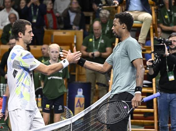 Gael Monfils of France shakes hands with Laslo Djere of Serbia after winning their semifinal during the ATP, Tennis Herren Nordic Open tennis tournament in the Royal Tennis Hall in Stockholm, Sweden, on Oct. 21, 2023. STOCKHOLM SWEDEN TENNIS x10040x