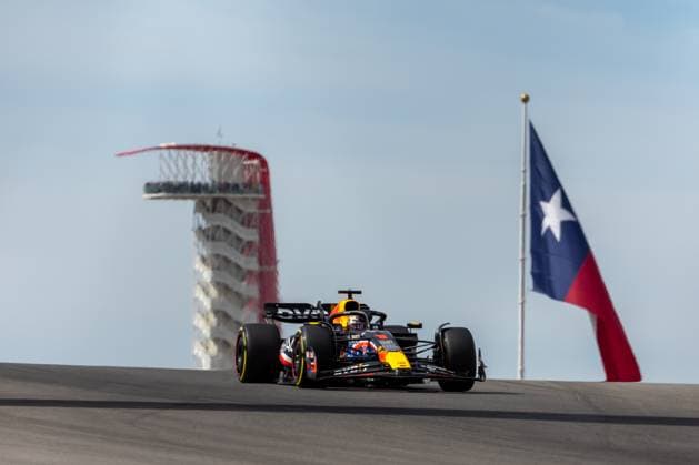 AUSTIN, TX - OCTOBER 21: Oracle Red Bull Racing driver Max Verstappen (1) of the Netherlands speeds through turn 10 with the COTA Tower and the Texas flag in the background during the sprint shootout of the Formula 1 Lenovo United States Grand Prix on October 21, 2023, at Circuit of The Americas in Austin, Texas. (Photo by David Buono Icon Sportswire) AUTO: OCT 21 F1 United States Grand Prix EDITORIAL USE ONLY Icon2310210131