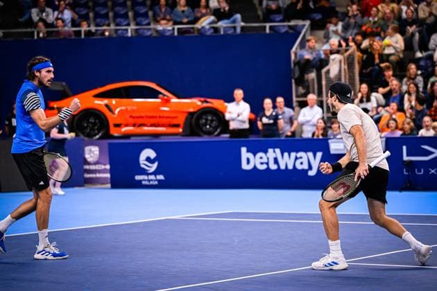 Greek Stefanos Tsitsipas and Greek Petros Tsitsipas celebrate during a singles semi final match at the European Open Tennis ATP, Tennis Herren tournament, in Antwerp, Saturday 21 October 2023. LAURIExDIEFFEMBACQ  x78216537x