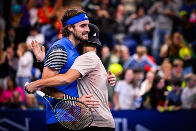 Greek Stefanos Tsitsipas and Greek Petros Tsitsipas celebrate after winning a singles semi final match at the European Open Tennis ATP, Tennis Herren tournament, in Antwerp, Saturday 21 October 2023. LAURIExDIEFFEMBACQ  x78216303x