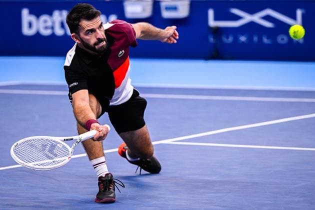 Monaco s Romain Arneodo pictured in action during a semi final doubles match at the European Open Tennis ATP, Tennis Herren tournament, in Antwerp, Saturday 21 October 2023. LAURIExDIEFFEMBACQ  x78217257x