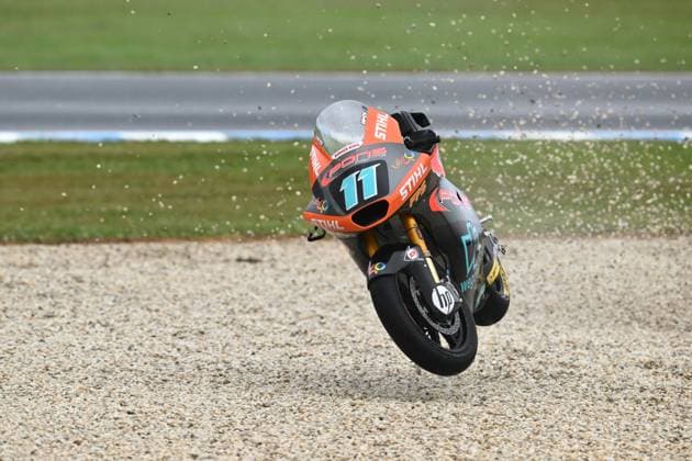 Bilder des Jahres 2023, Sport 10 Oktober Sport Themen der Woche KW42 AUSTRALIAN MOTOGP, The bike of Sergio Garcia of Spain for Pons Wegow Los40 as he crashes during the Moto2 Australian Motorcycle Grand Prix at the Phillip Island Grand Prix Circuit on Phillip Island, Victoria, Sunday, October 22, 2023. ( NO ARCHIVING, EDITORIAL USE ONLY, NO USE IN BOOKS WITHOUT CONSENT PHILLIP ISLAND VICTORIA AUSTRALIA  Copyright: xJOELxCARRETTx 20231022001855186748