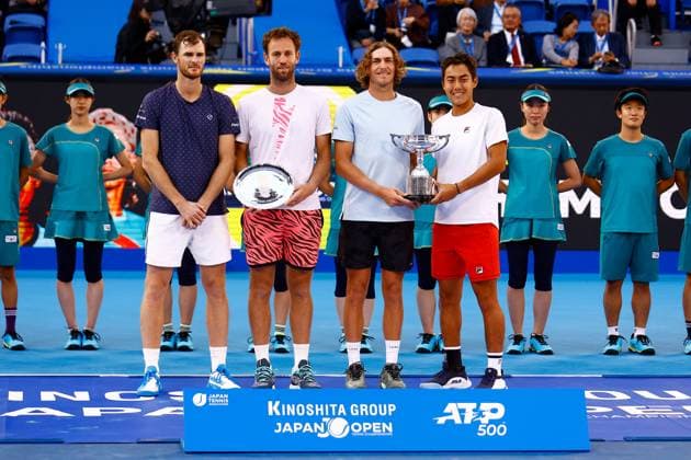 October 22, 2023, Tokyo, Japan: (R to L) Winners Rinky HIJIKATA (AUS) and Max PURCELL (AUS) along side (runners-up) Michael VENUS (NZL) and Jamie MURRAY (GBR), pose for the cameras during the award ceremony of the Kinoshita Group Japan Open Tennis Championships 2023 at the Ariake Coliseum. This is the longest-running ATP, Tennis Herren Tour tournament in Asia, first held in 1972. The tournament runs from October 16 to 22. Tokyo Japan - ZUMAm191 20231022_aap_m191_010 Copyright: xRodrigoxReyesxMarinx