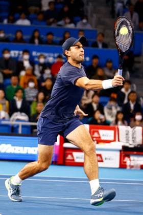 October 22, 2023, Tokyo, Japan: Aslan KARATSEV (RUS) hits a reverse against Ben Shelton (USA) during their singles final match of the Kinoshita Group Japan Open Tennis Championships 2023 at the Ariake Coliseum. This is the longest-running ATP, Tennis Herren Tour tournament in Asia, first held in 1972. The tournament runs from October 16 to 22. Tokyo Japan - ZUMAm191 20231022_aap_m191_019 Copyright: xRodrigoxReyesxMarinx