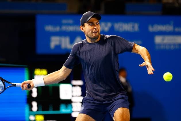 October 22, 2023, Tokyo, Japan: Aslan KARATSEV (RUS) hits a reverse against Ben Shelton (USA) during their singles final match of the Kinoshita Group Japan Open Tennis Championships 2023 at the Ariake Coliseum. This is the longest-running ATP, Tennis Herren Tour tournament in Asia, first held in 1972. The tournament runs from October 16 to 22. Tokyo Japan - ZUMAm191 20231022_aap_m191_026 Copyright: xRodrigoxReyesxMarinx