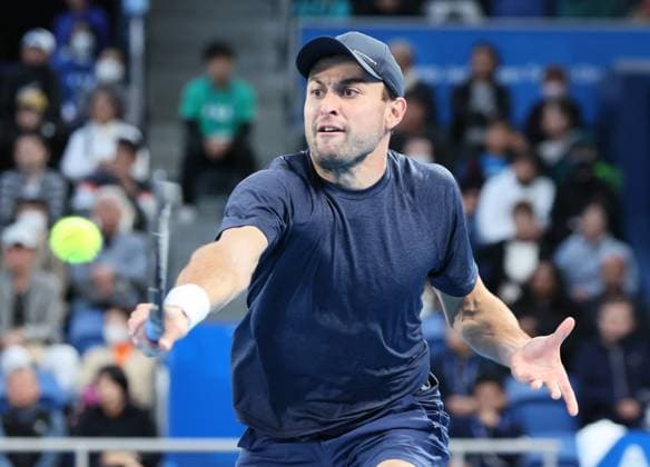 October 22, 2023, Tokyo, Japan - Aslan Karatsev of Russia returns the ball against Ben Shelton of the United States during the final of the Japan Open tennis championships at the Ariake Colosseum in Tokyo on Suniday, October 22, 2023. Shelton defeated Aslan Karatsev of Russia in the final. (photo by Yoshio Tsunoda AFLO) Noxthirdxpartyxsales  (0309706156st)