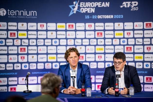 European Open tournament director Dick Norman and CEO Tennium, Kristoff Puelinckx talk to the press ahead of the final day of the European Open Tennis ATP, Tennis Herren tournament, in Antwerp, Sunday 22 October 2023. JASPERxJACOBS  x78266079x