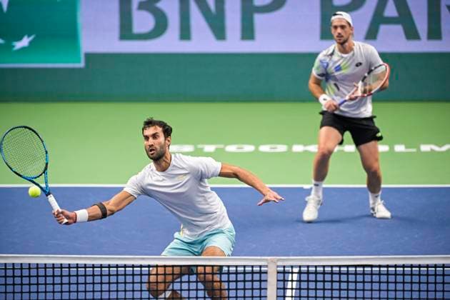 Yuki Bhambri (left), India, and Julian Cash, Great Britain in the men s doubles final during the Nordic Open tennis tournament at the Royal Tennis Hall. Stockholm, Sweden, 22 October, 2023. STOCKHOLM SVERIGE x10040x
