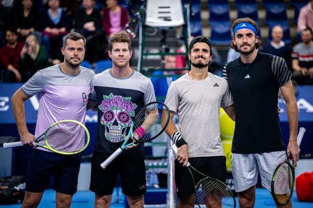 Czech Adam Pavlasek, Uruguayan Ariel Behar, Greek Petros Tsitsipas and Greek Stefanos Tsitsipas pictured at the start of the doubles final match between the brothers Tsitsipas and Urugayan-Czech couple Behar - Pavlasek, at the European Open Tennis ATP, Tennis Herren tournament, in Antwerp, Sunday 22 October 2023. LAURIExDIEFFEMBACQ  x78267869x