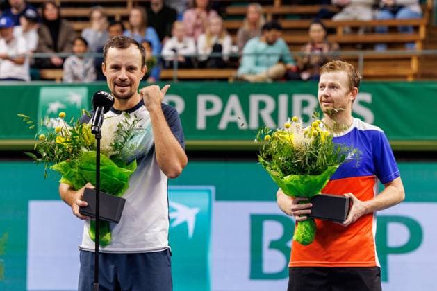 231022 Winners Denys Molchanov of Ukraine and Andrey Golubev of Kazakhstan during day 9 of the Nordic Open tennis tournament on October 22, 2023 in Stockholm. Photo: Michael Campanella BILDBYRAN COP 313 MC0070 tennis nordic open day 9 finals bbeng jubel Copyright: MICHAELxCAMPANELLA BB231022MC035
