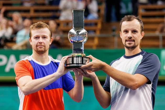 231022 Winners Andrey Golubev of Kazakhstan and Denys Molchanov of Ukraine with the trophy during day 9 of the Nordic Open tennis tournament on October 22, 2023 in Stockholm. Photo: Michael Campanella BILDBYRAN COP 313 MC0070 tennis nordic open day 9 finals bbeng jubel Copyright: MICHAELxCAMPANELLA BB231022MC038