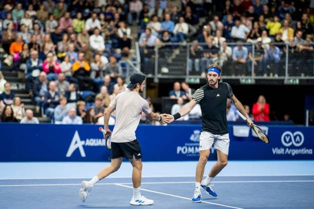 Greek Stefanos Tsitsipas and Greek Petros Tsitsipas pictured in action during the doubles final match between the brothers Tsitsipas and Urugayan-Czech couple Behar - Pavlasek, at the European Open Tennis ATP, Tennis Herren tournament, in Antwerp, Sunday 22 October 2023. JASPERxJACOBS  x78270197x