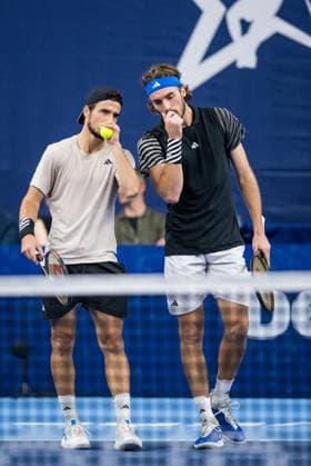 Greek Petros Tsitsipas and Greek Stefanos Tsitsipas pictured in action during the doubles final match between the brothers Tsitsipas and Urugayan-Czech couple Behar - Pavlasek, at the European Open Tennis ATP, Tennis Herren tournament, in Antwerp, Sunday 22 October 2023. JASPERxJACOBS  x78270297x