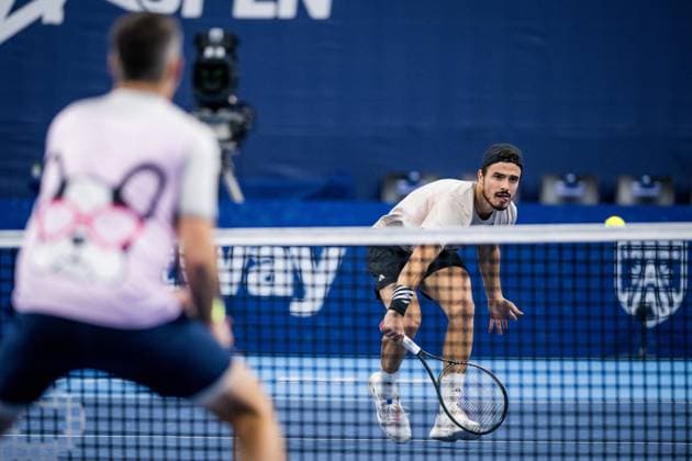 Adam Pavlasek and Greek Petros Tsitsipas pictured during the doubles final match between the brothers Tsitsipas and Urugayan-Czech couple Behar - Pavlasek, at the European Open Tennis ATP, Tennis Herren tournament, in Antwerp, Sunday 22 October 2023. JASPERxJACOBS  x78270304x