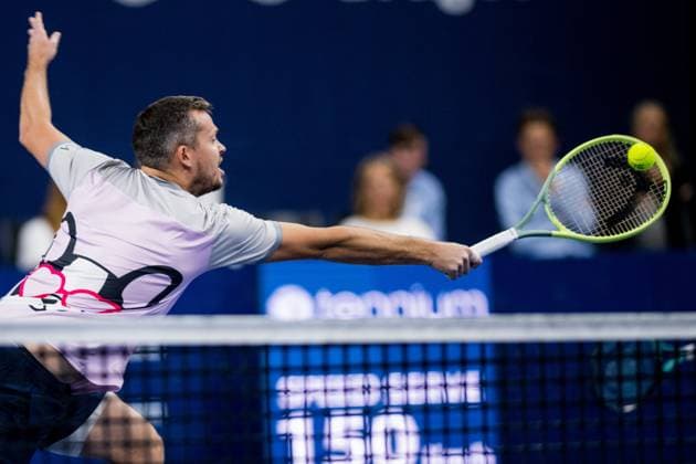 Adam Pavlasek pictured in action during the doubles final match between the brothers Tsitsipas and Urugayan-Czech couple Behar - Pavlasek, at the European Open Tennis ATP, Tennis Herren tournament, in Antwerp, Sunday 22 October 2023. JASPERxJACOBS  x78270414x