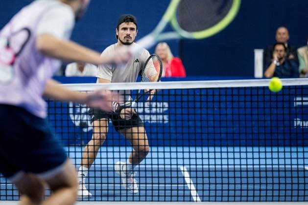 Greek Petros Tsitsipas pictured in action during the doubles final match between the brothers Tsitsipas and Urugayan-Czech couple Behar - Pavlasek, at the European Open Tennis ATP, Tennis Herren tournament, in Antwerp, Sunday 22 October 2023. JASPERxJACOBS  x78275951x