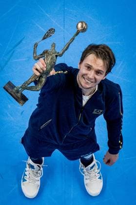 Kazach Alexander Bublik celebrates with trophy after winning the singles final match between Bublik and Fils, at the European Open Tennis ATP, Tennis Herren tournament, in Antwerp, Sunday 22 October 2023. JASPERxJACOBS  x78288394x