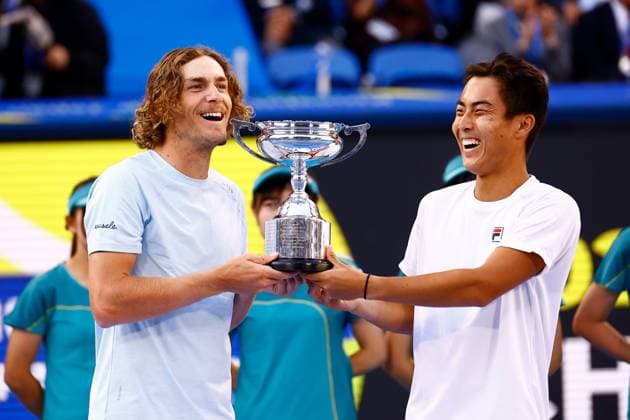 October 22, 2023, Tokyo, Japan: (L to R) Max PURCELL (AUS) and Rinky HIJIKATA (AUS) pose for the cameras after winning the doubles final match of the Kinoshita Group Japan Open Tennis Championships 2023 at the Ariake Coliseum. This is the longest-running ATP, Tennis Herren Tour tournament in Asia, first held in 1972. The tournament runs from October 16 to 22. Tokyo Japan - ZUMAm191 20231022_aap_m191_007 Copyright: xRodrigoxReyesxMarinx