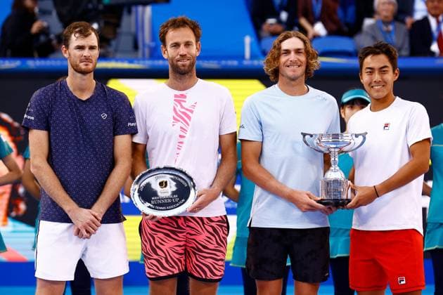 October 22, 2023, Tokyo, Japan: (R to L) Winners Rinky HIJIKATA (AUS) and Max PURCELL (AUS) along side (runners-up) Michael VENUS (NZL) and Jamie MURRAY (GBR), pose for the cameras during the award ceremony of the Kinoshita Group Japan Open Tennis Championships 2023 at the Ariake Coliseum. This is the longest-running ATP, Tennis Herren Tour tournament in Asia, first held in 1972. The tournament runs from October 16 to 22. Tokyo Japan - ZUMAm191 20231022_aap_m191_008 Copyright: xRodrigoxReyesxMarinx