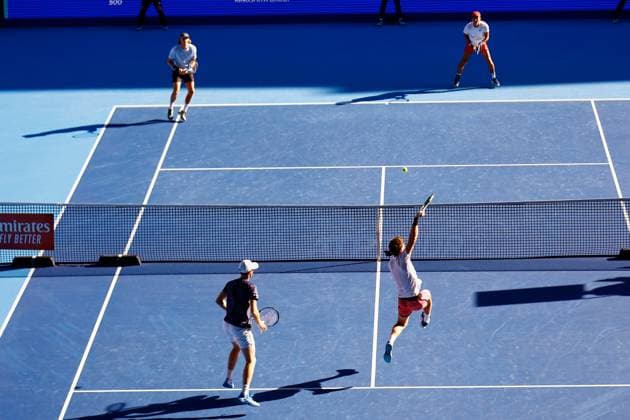 Sport Bilder des Tages October 22, 2023, Tokyo, Japan: (UP L to R) Max PURCELL (AUS) and Rinky HIJIKATA (AUS) in action against Michael VENUS (NZL) and Jamie MURRAY (GBR) during their doubles final match of the Kinoshita Group Japan Open Tennis Championships 2023 at the Ariake Coliseum. This is the longest-running ATP, Tennis Herren Tour tournament in Asia, first held in 1972. The tournament runs from October 16 to 22. Hijikata and Purcel won 6-4, 6-1. Tokyo Japan - ZUMAm191 20231022_aap_m191_004 Copyright: xRodrigoxReyesxMarinx