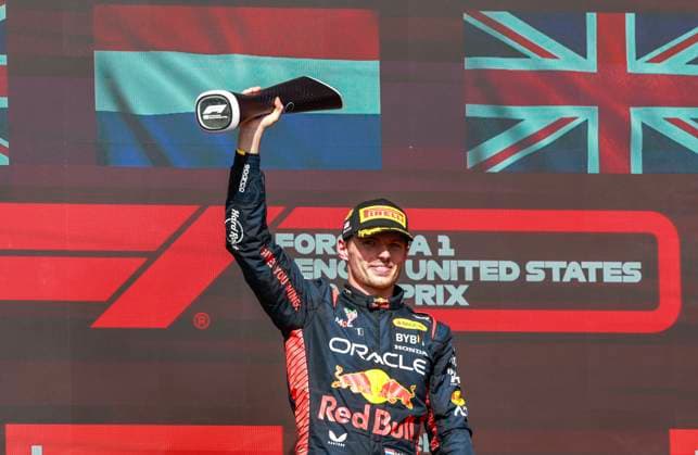 VERSTAPPEN Max (ned), Red Bull Racing RB19, portrait podium during the 2023 Formula 1 Lenovo United States Grand Prix, 18th round of the 2023 Formula One World Championship, WM, Weltmeisterschaft from October 20 to 22, 2023 on the Circuit of The Americas, in Austin, USA - F1 - US GRAND PRIX 2023 - RACE DPPI Panoramic  00123041_F12023GP19TEX_JK213195
