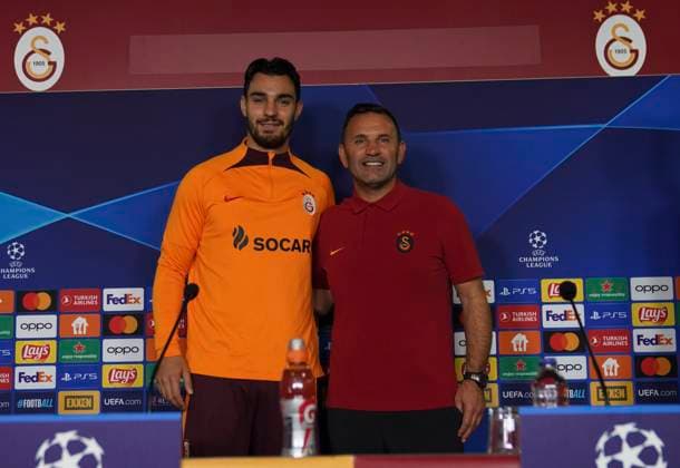 Kaan Ayhan and Coach Okan Buruk of Galatasaray during the press conference, PK, Pressekonferenz the day before the UEFA Champions League match between Galatasaray and Bayern Munich on October 24 , 2023 at Rams Park October 23 , 2023 in Istanbul, Turkey. ( Photo by Seskimphoto ) 